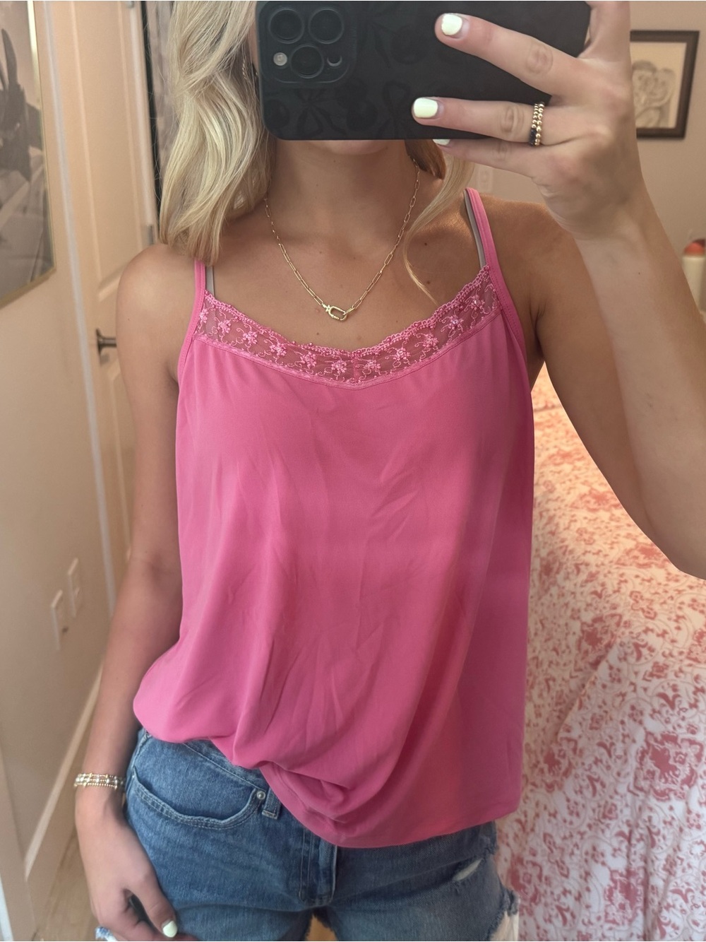 Pink Lace-Trim Cami Tank Top